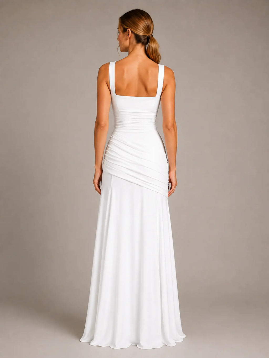 Women's Ruched Maxi Dress – Square Neck Occasion Style in White – Back view