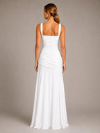 Women's Ruched Maxi Dress – Square Neck Occasion Style in White – Back view