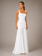 Women's Ruched Maxi Dress – Square Neck Occasion Style in White – Hover view