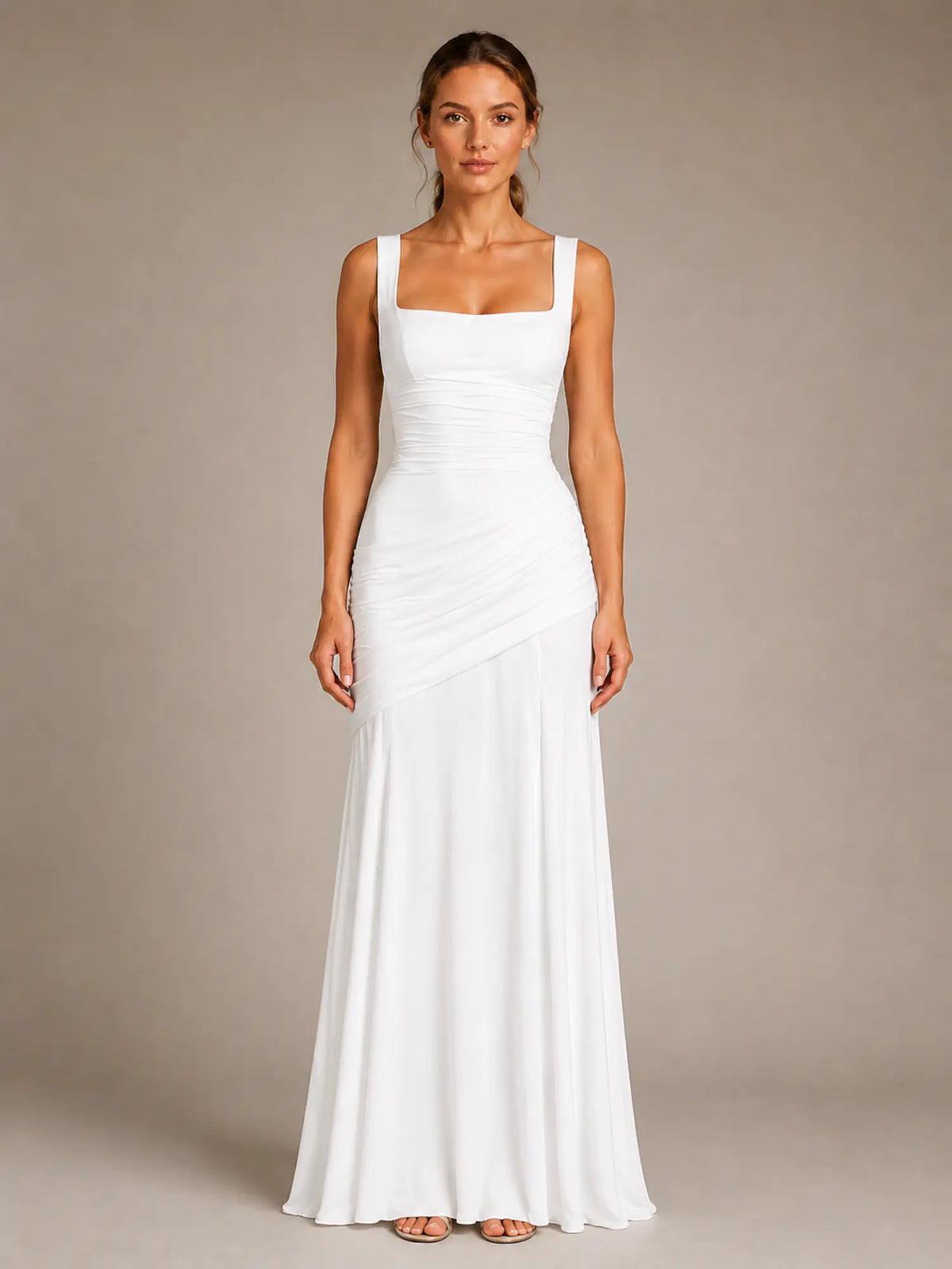 Women's Ruched Maxi Dress – Square Neck Occasion Style in White – Main view