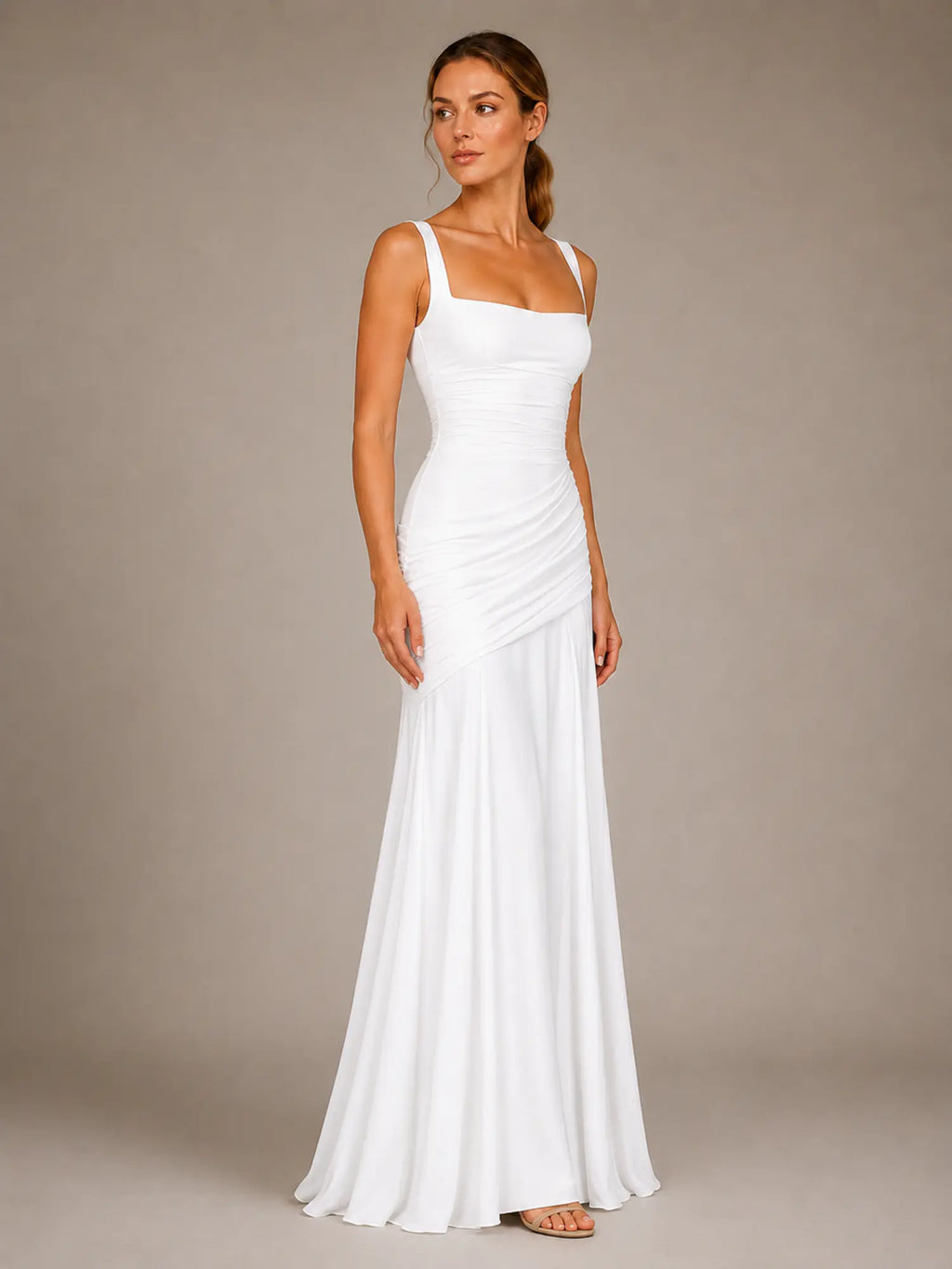 Women's Ruched Maxi Dress – Square Neck Occasion Style in White – Side view
