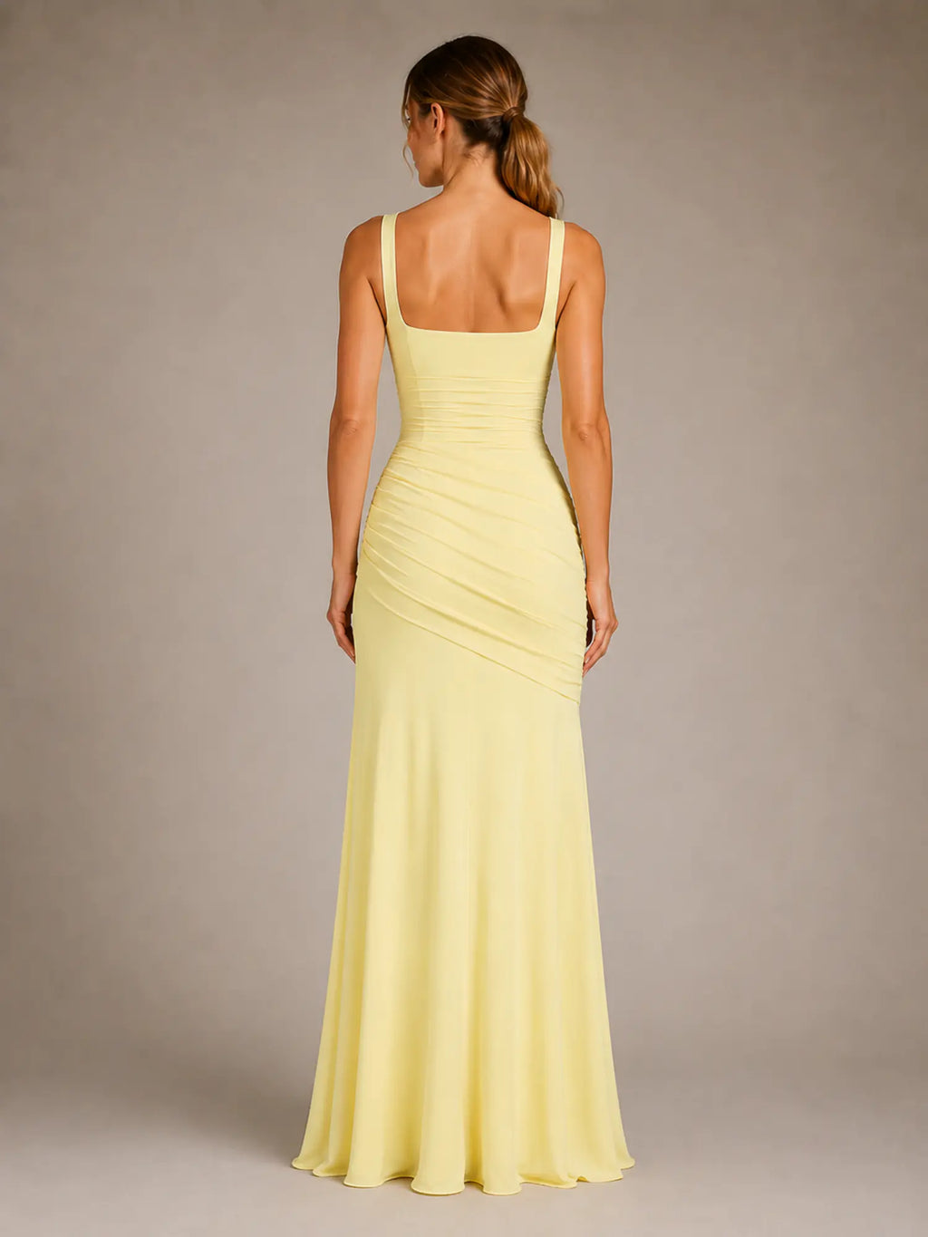Women's Ruched Maxi Dress – Square Neck Occasion Style in Yellow – Back view