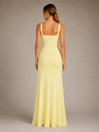 Women's Ruched Maxi Dress – Square Neck Occasion Style in Yellow – Back view