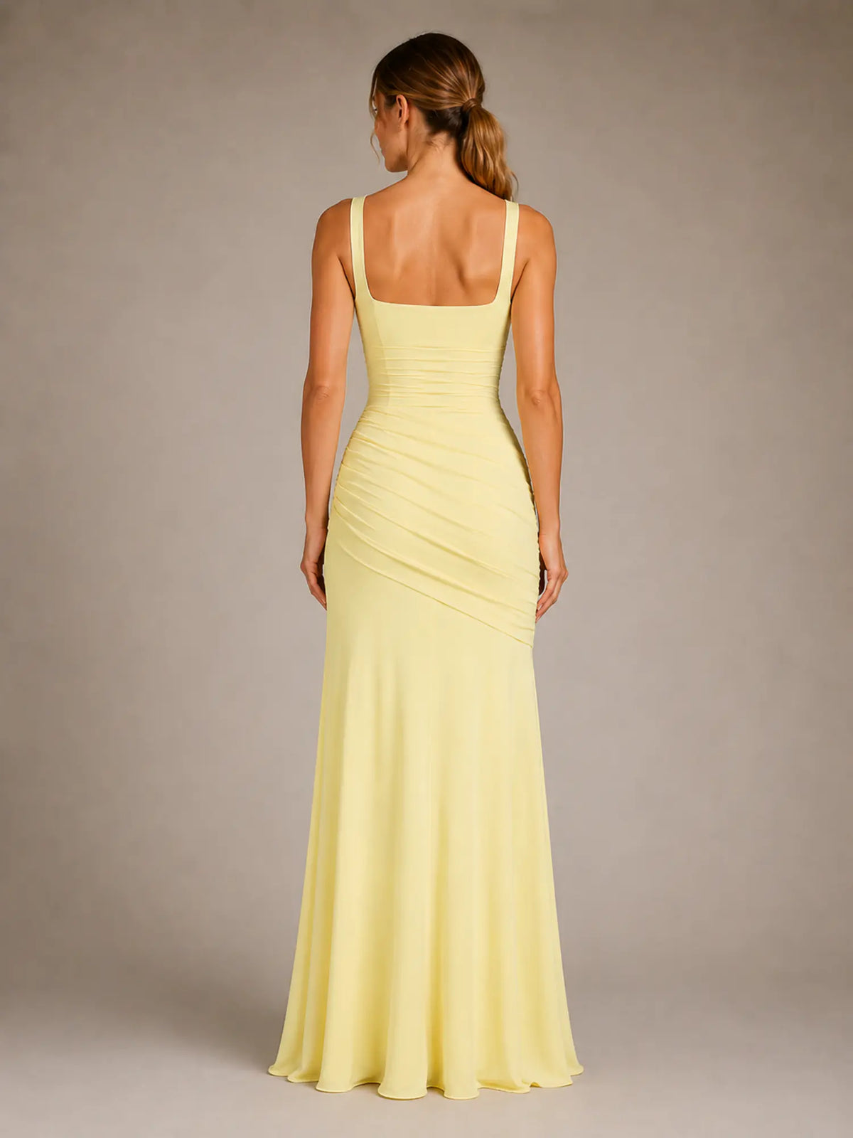 Women's Ruched Maxi Dress – Square Neck Occasion Style in Yellow – Back view
