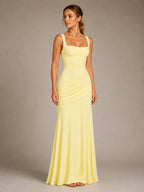 Women's Ruched Maxi Dress – Square Neck Occasion Style in Yellow – Hover view