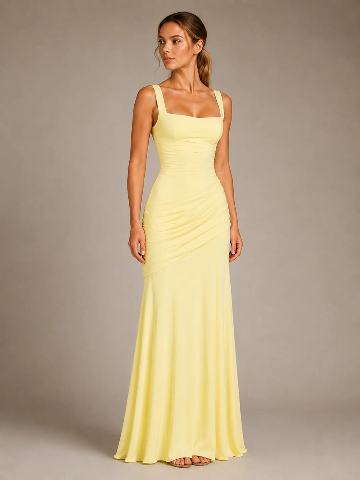 Women's Ruched Maxi Dress – Square Neck Occasion Style in Yellow – Hover view