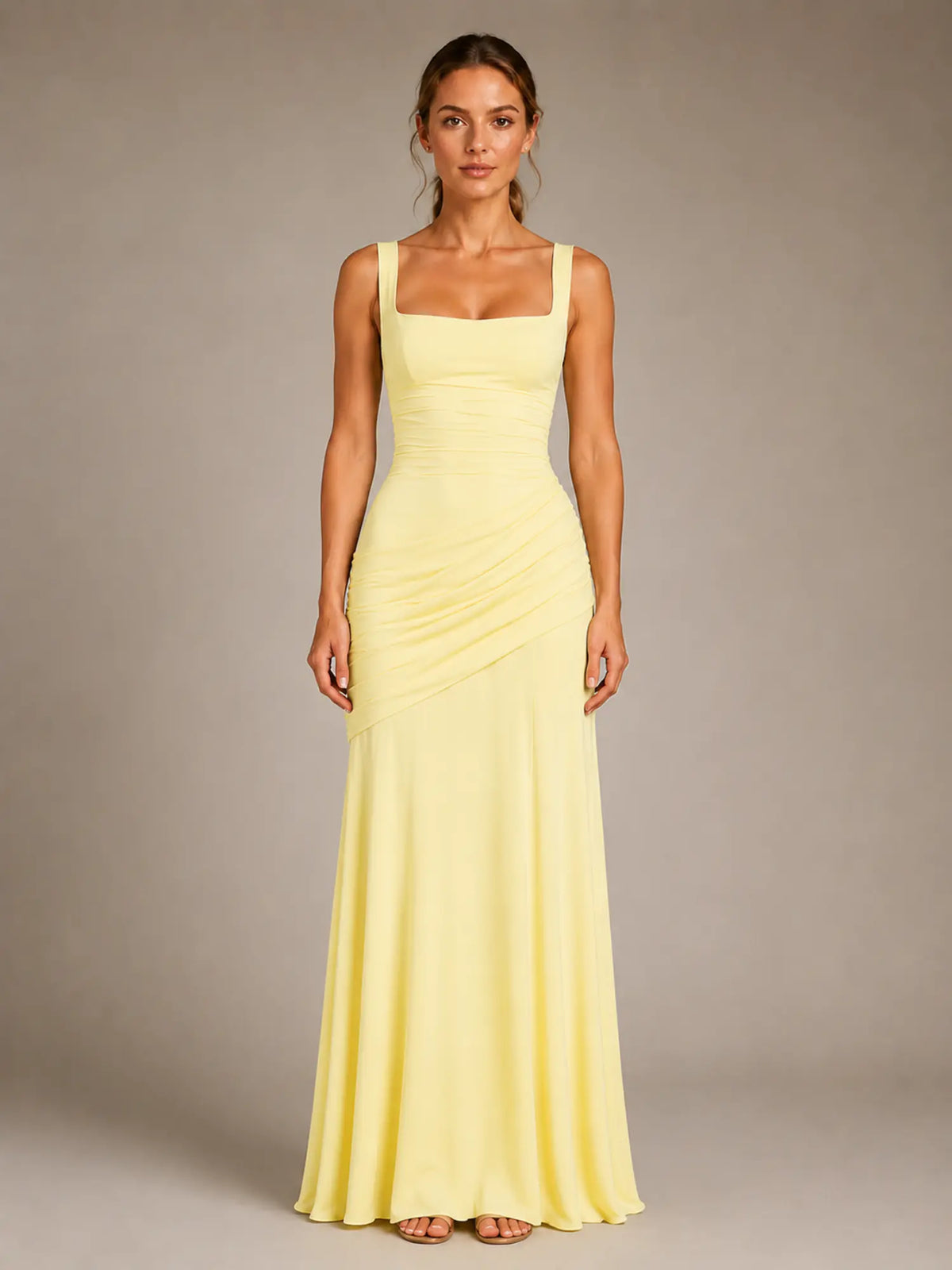 Women's Ruched Maxi Dress – Square Neck Occasion Style in Yellow – Main view