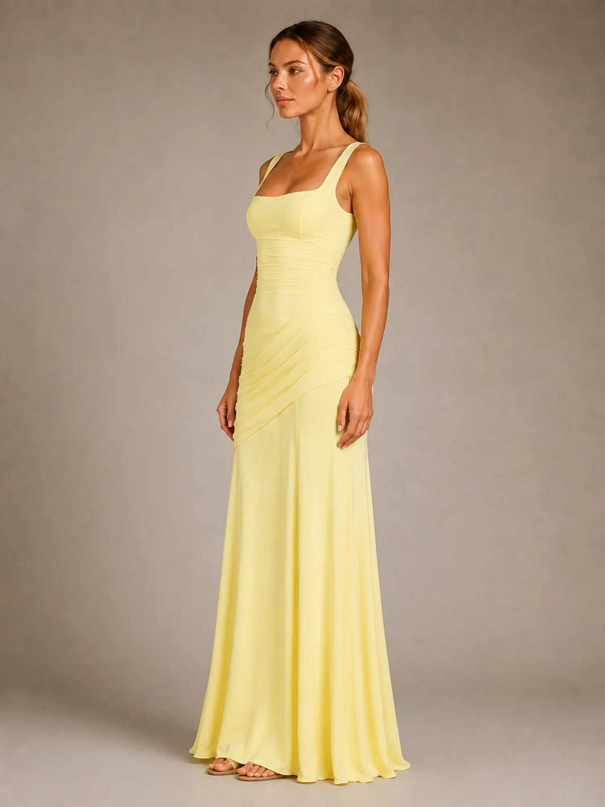 Women's Ruched Maxi Dress – Square Neck Occasion Style in Yellow – Side view