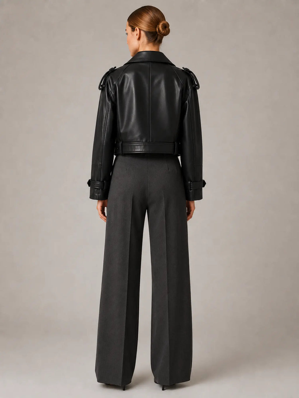 Women's Cropped Leather Trench Jacket – Double-Breasted in Black – Back view