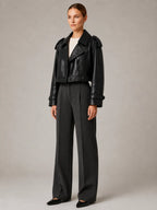 Women's Cropped Leather Trench Jacket – Double-Breasted in Black – Hover view