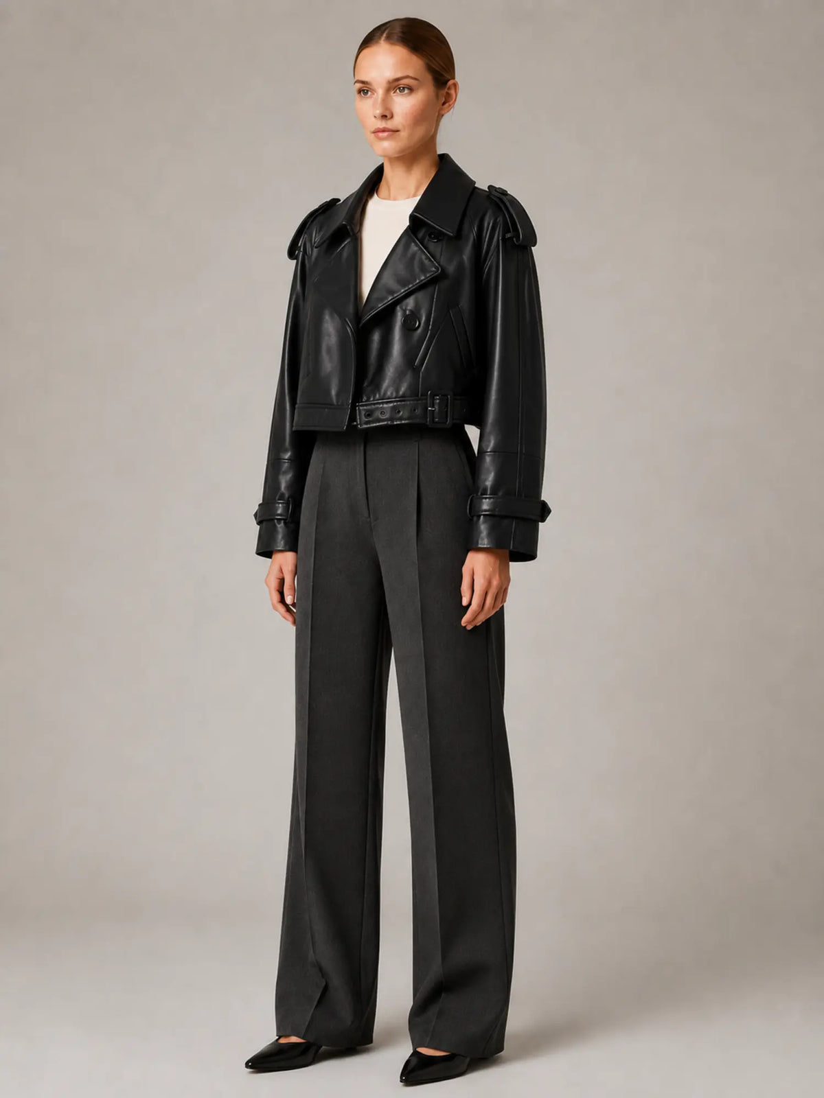Women's Cropped Leather Trench Jacket – Double-Breasted in Black – Hover view