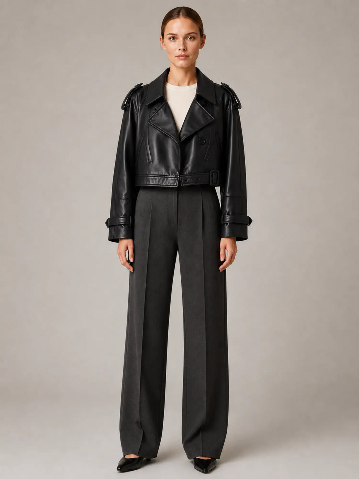 Women's Cropped Leather Trench Jacket – Double-Breasted in Black – Main view