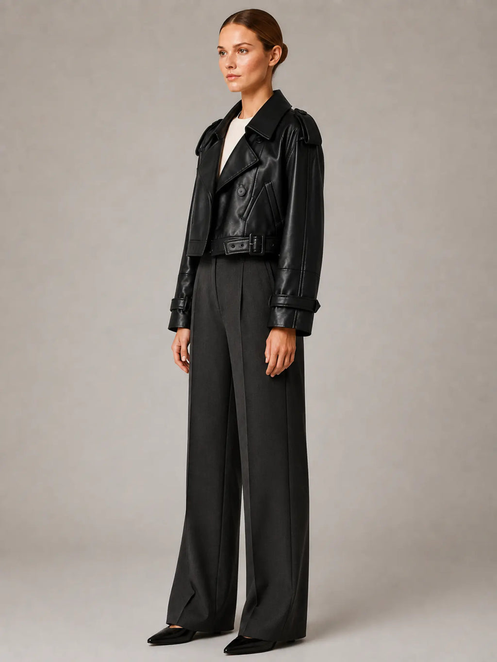 Women's Cropped Leather Trench Jacket – Double-Breasted in Black – Side view