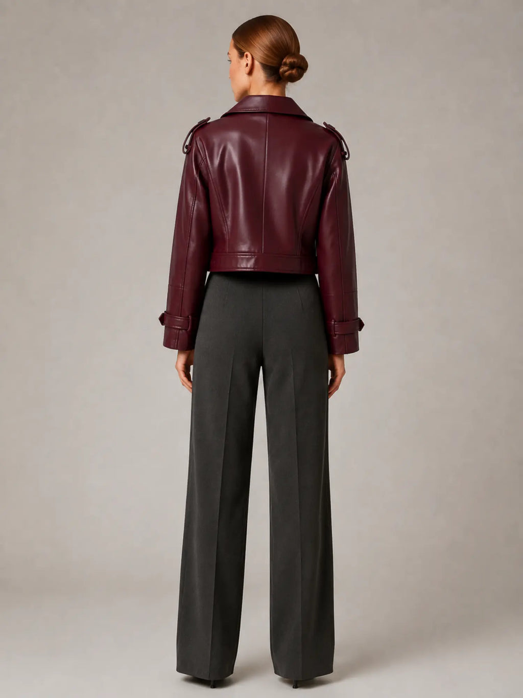 Women's Cropped Leather Trench Jacket – Double-Breasted in Burgundy – Back view