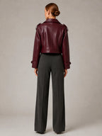 Women's Cropped Leather Trench Jacket – Double-Breasted in Burgundy – Back view