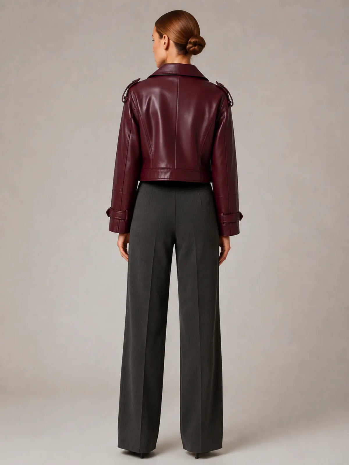 Women's Cropped Leather Trench Jacket – Double-Breasted in Burgundy – Back view