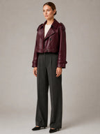 Women's Cropped Leather Trench Jacket – Double-Breasted in Burgundy – Hover view
