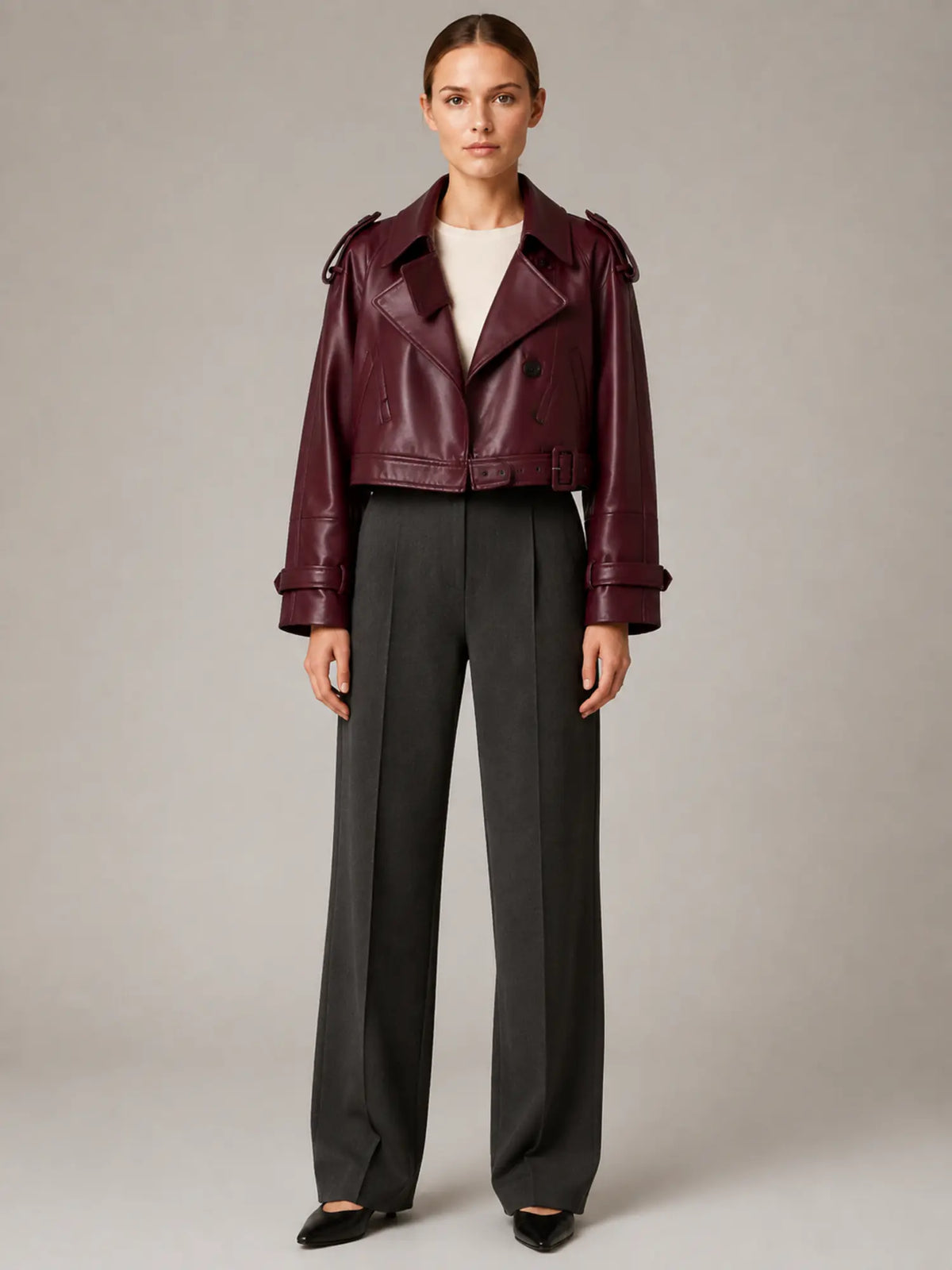 Women's Cropped Leather Trench Jacket – Double-Breasted in Burgundy – Main view