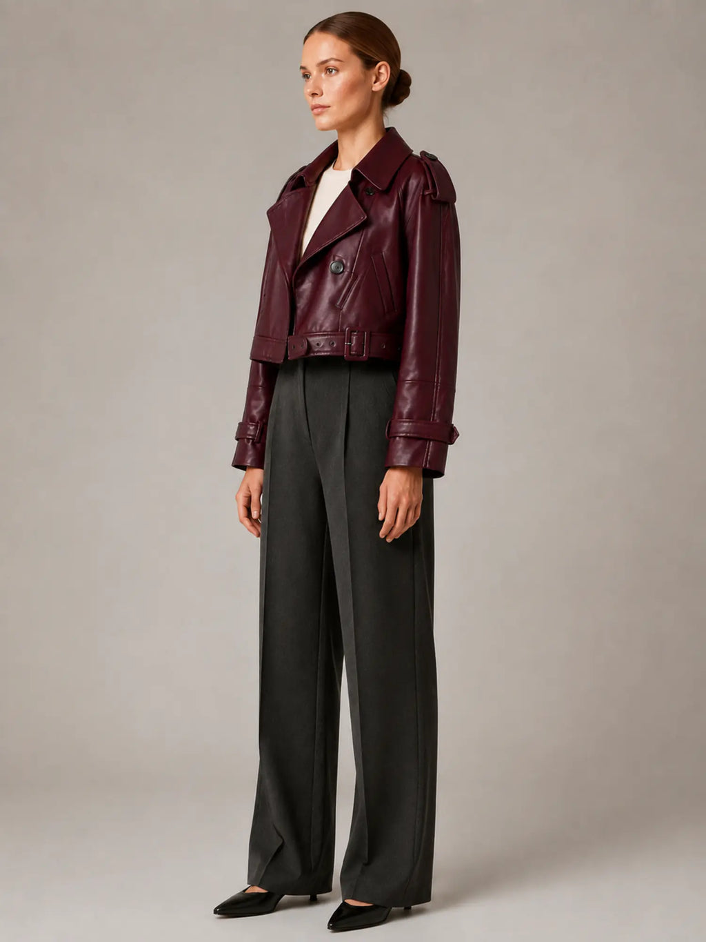 Women's Cropped Leather Trench Jacket – Double-Breasted in Burgundy – Side view