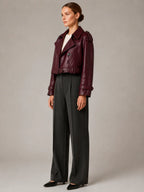 Women's Cropped Leather Trench Jacket – Double-Breasted in Burgundy – Side view