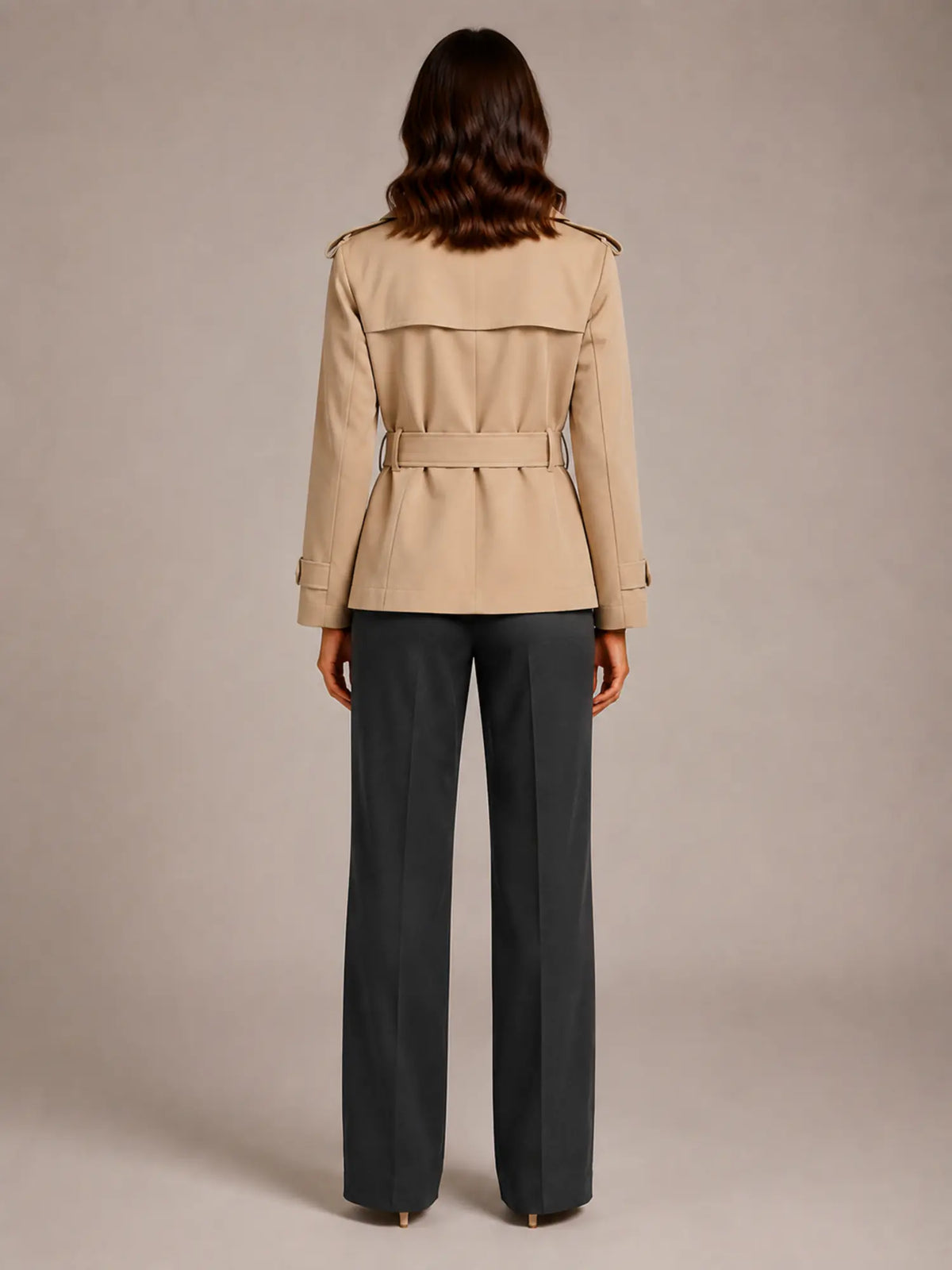 Women's Cropped Trench Coat – Oversized Tie-Belt Style in Apricot – Back view