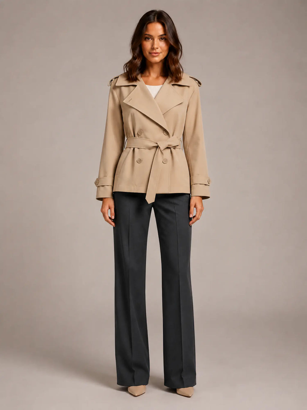 Women's Cropped Trench Coat – Oversized Tie-Belt Style in Apricot – Main view