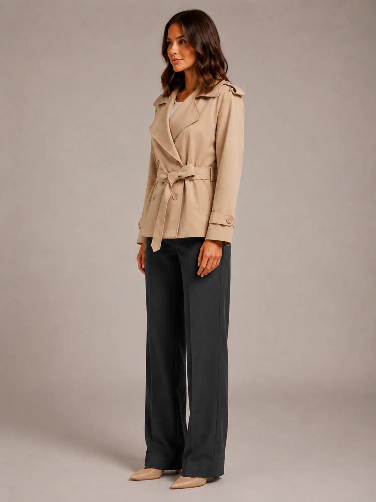 Women's Cropped Trench Coat – Oversized Tie-Belt Style in Apricot – Side view
