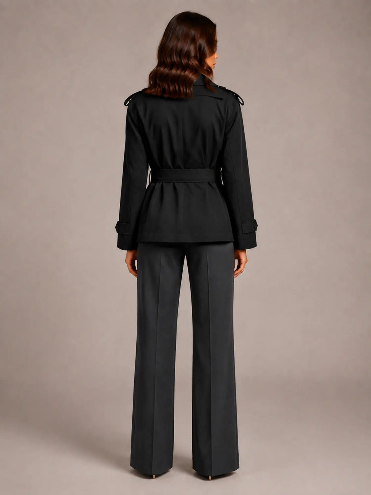 Women's Cropped Trench Coat – Oversized Tie-Belt Style in Black – Back view