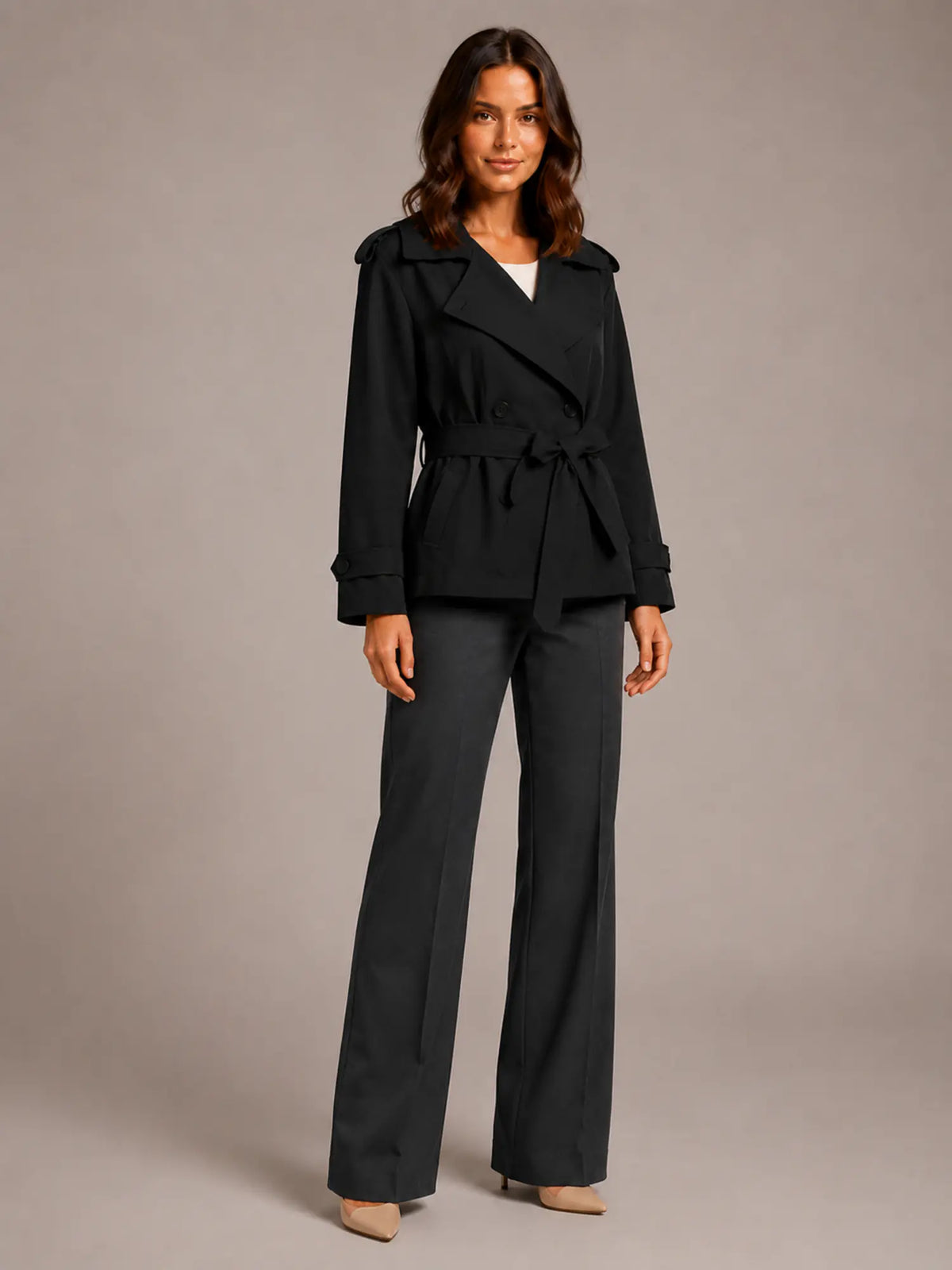 Women's Cropped Trench Coat – Oversized Tie-Belt Style in Black – Hover view