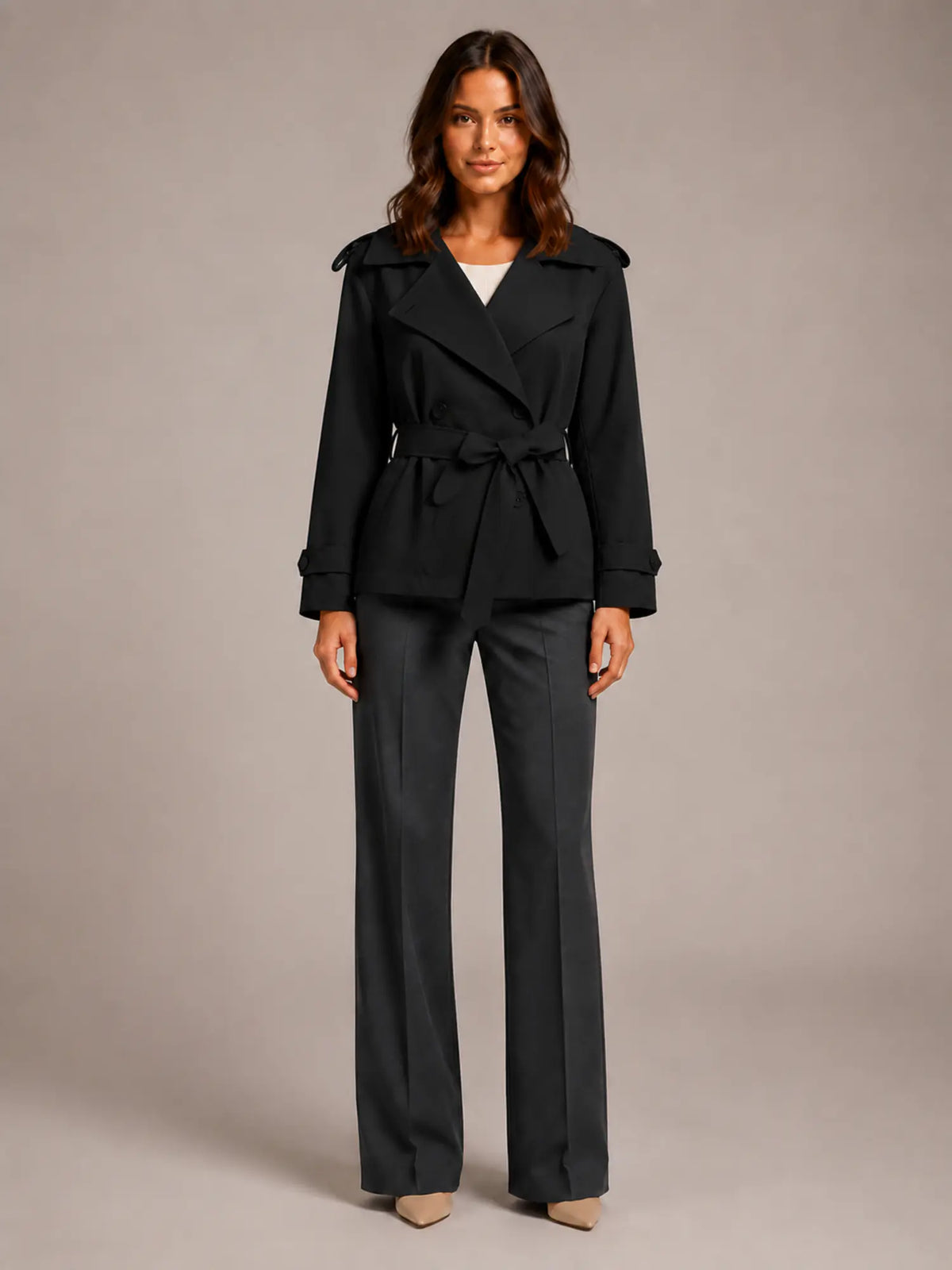 Women's Cropped Trench Coat – Oversized Tie-Belt Style in Black – Main view