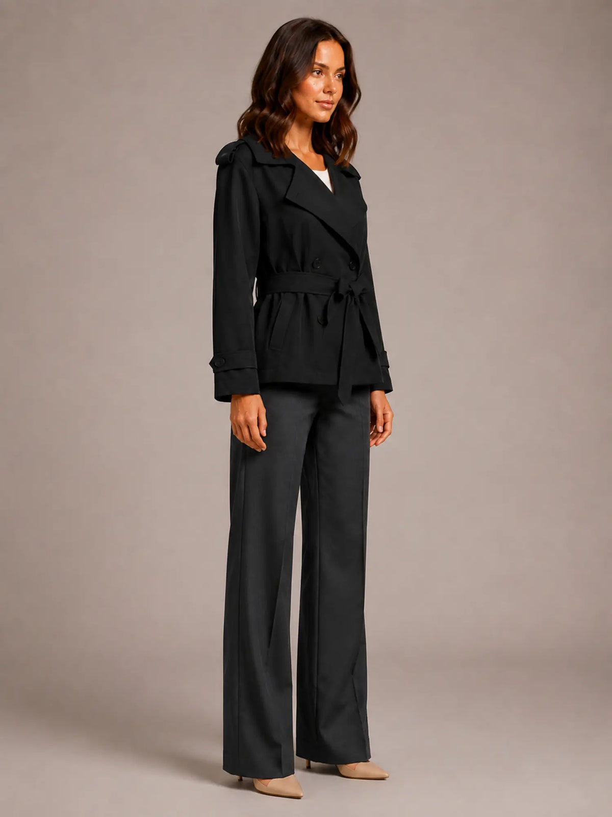 Women's Cropped Trench Coat – Oversized Tie-Belt Style in Black – Side view