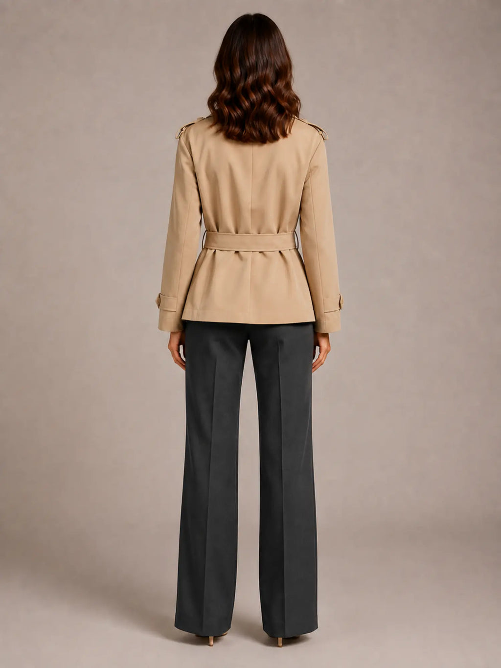 Women's Cropped Trench Coat – Oversized Tie-Belt Style in Khaki – Back view