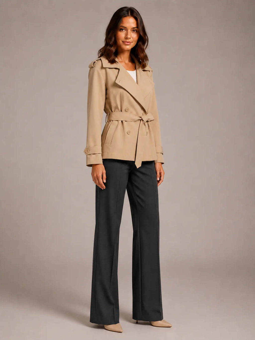 Women's Cropped Trench Coat – Oversized Tie-Belt Style in Khaki – Hover view