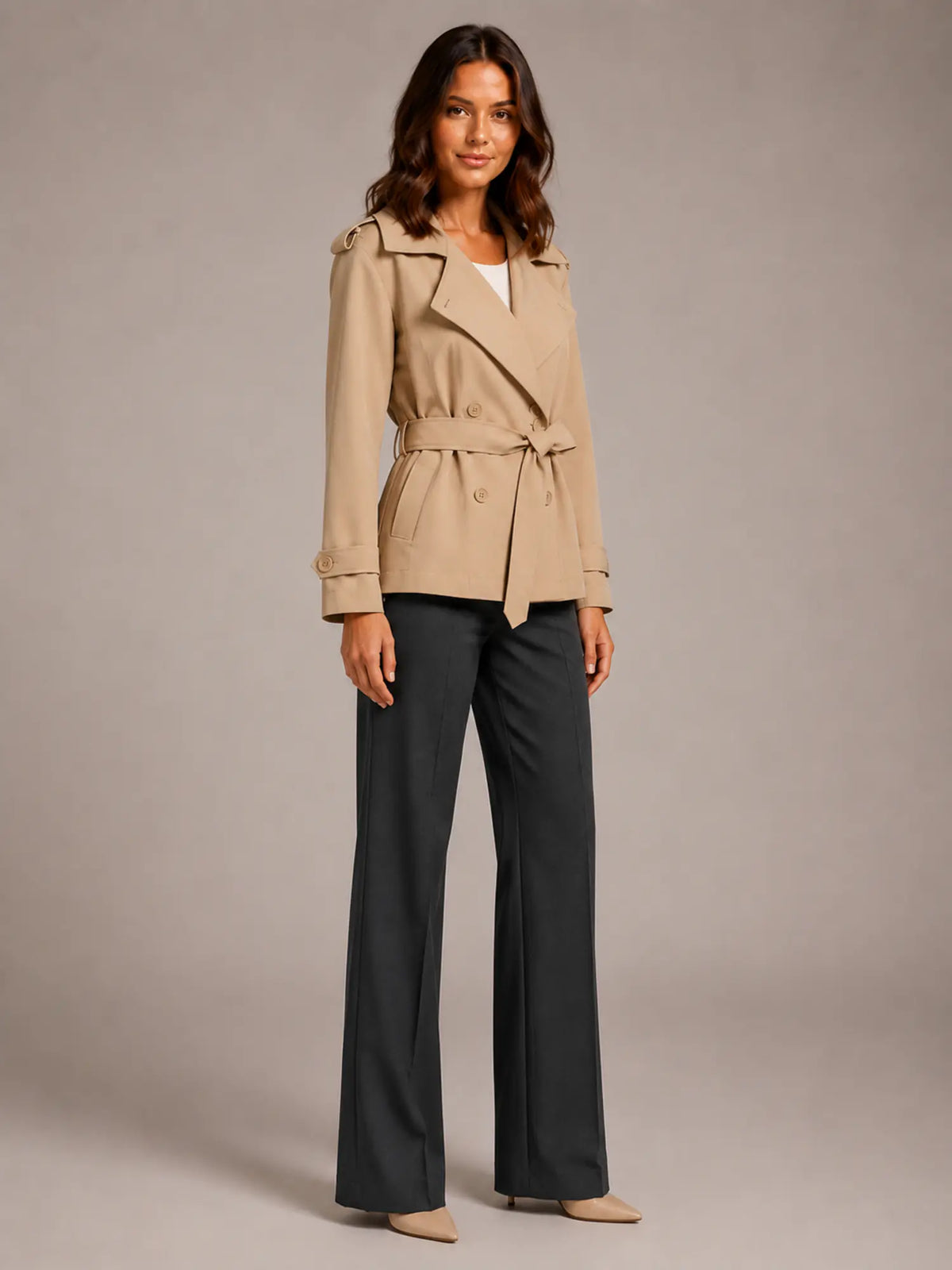 Women's Cropped Trench Coat – Oversized Tie-Belt Style in Khaki – Hover view