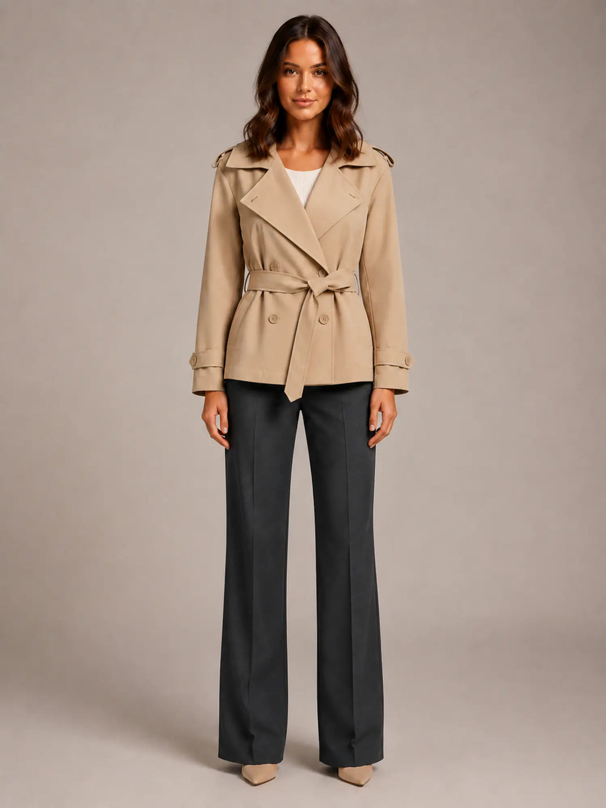 Women's Cropped Trench Coat – Oversized Tie-Belt Style in Khaki – Main view
