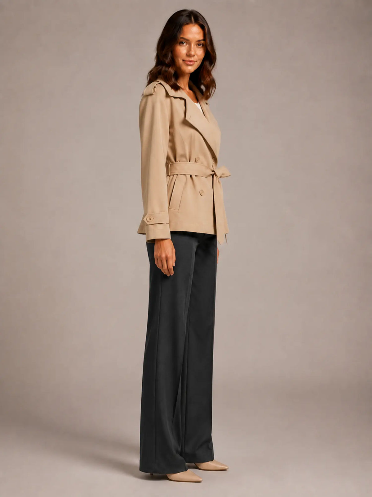 Women's Cropped Trench Coat – Oversized Tie-Belt Style in Khaki – Side view