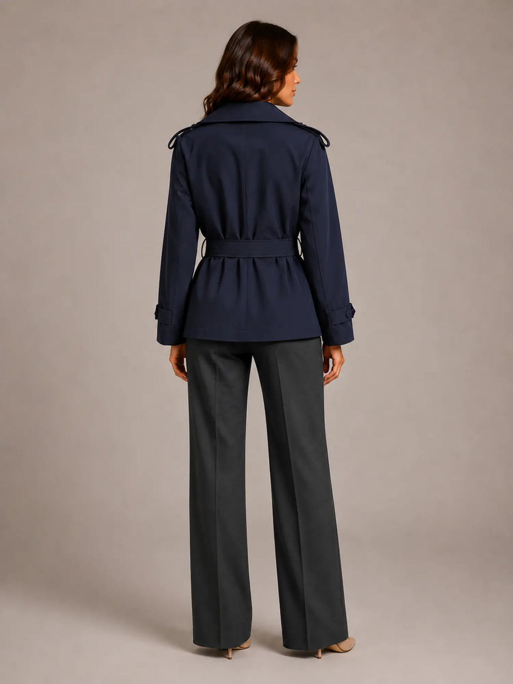 Women's Cropped Trench Coat – Oversized Tie-Belt Style in Navy Blue – Back view