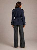 Women's Cropped Trench Coat – Oversized Tie-Belt Style in Navy Blue – Back view