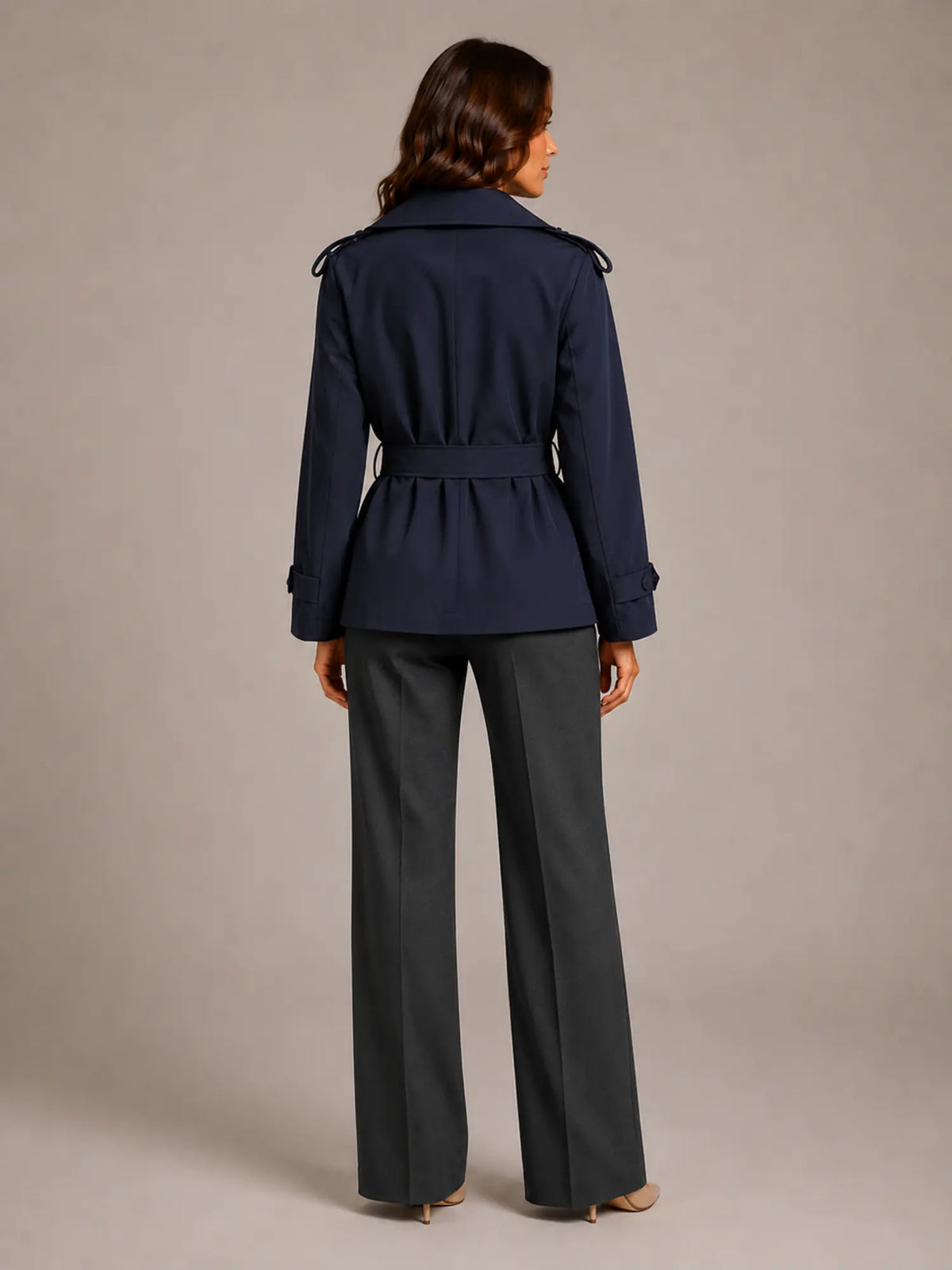 Women's Cropped Trench Coat – Oversized Tie-Belt Style in Navy Blue – Back view