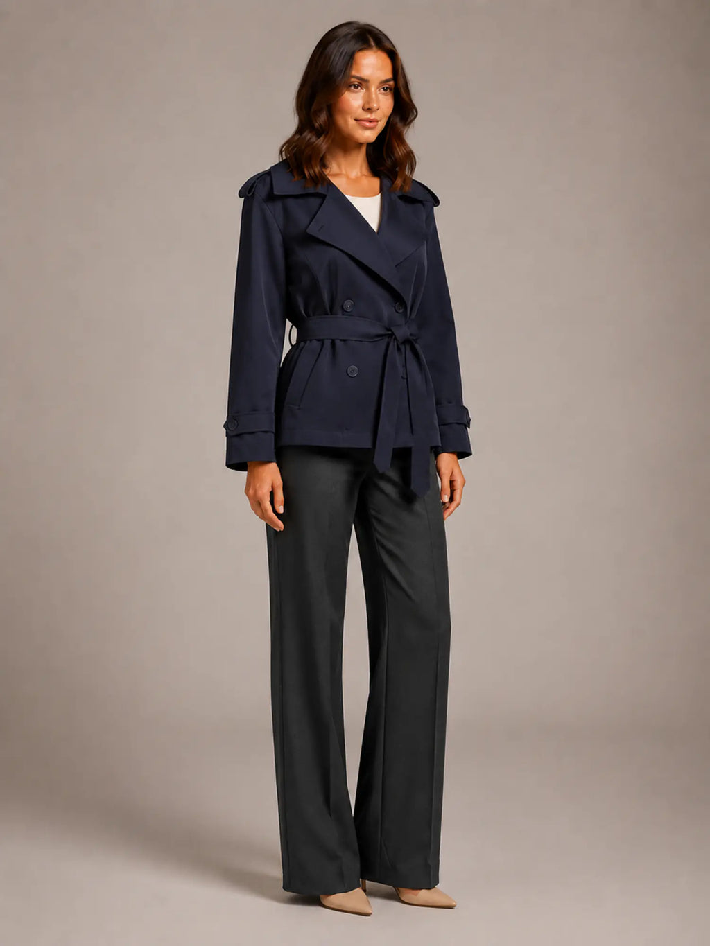 Women's Cropped Trench Coat – Oversized Tie-Belt Style in Navy Blue – Hover view