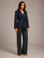 Women's Cropped Trench Coat – Oversized Tie-Belt Style in Navy Blue – Hover view