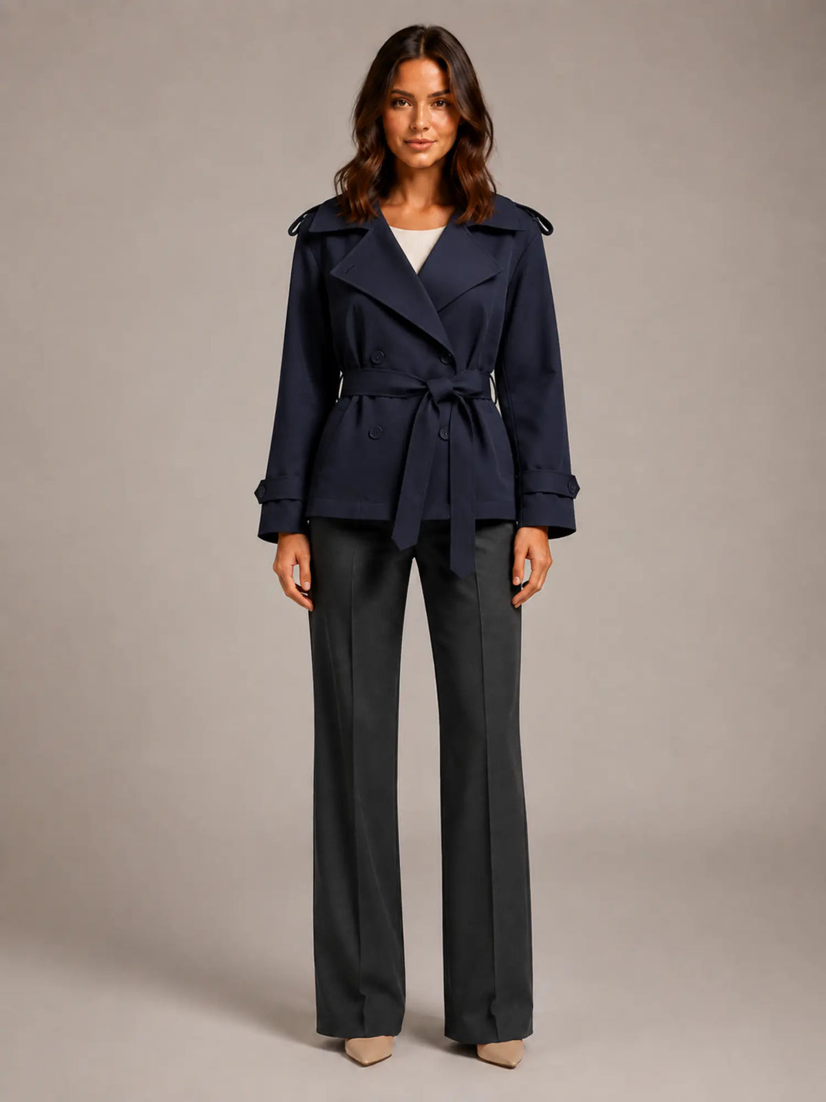 Women's Cropped Trench Coat – Oversized Tie-Belt Style in Navy Blue – Main view