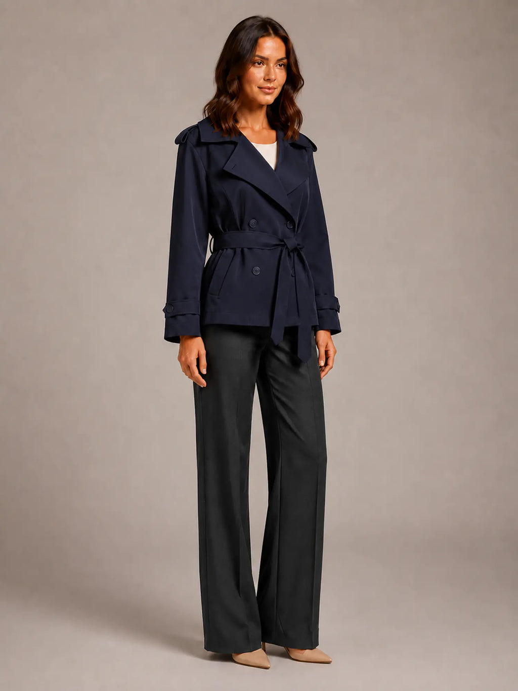 Women's Cropped Trench Coat – Oversized Tie-Belt Style in Navy Blue – Side view