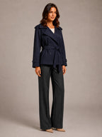 Women's Cropped Trench Coat – Oversized Tie-Belt Style in Navy Blue – Side view