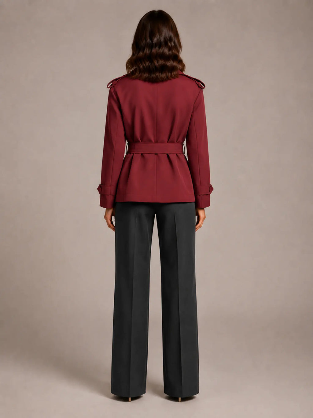 Women's Cropped Trench Coat – Oversized Tie-Belt Style in Red – Back view
