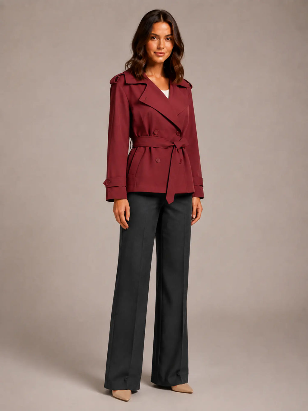 Women's Cropped Trench Coat – Oversized Tie-Belt Style in Red – Hover view