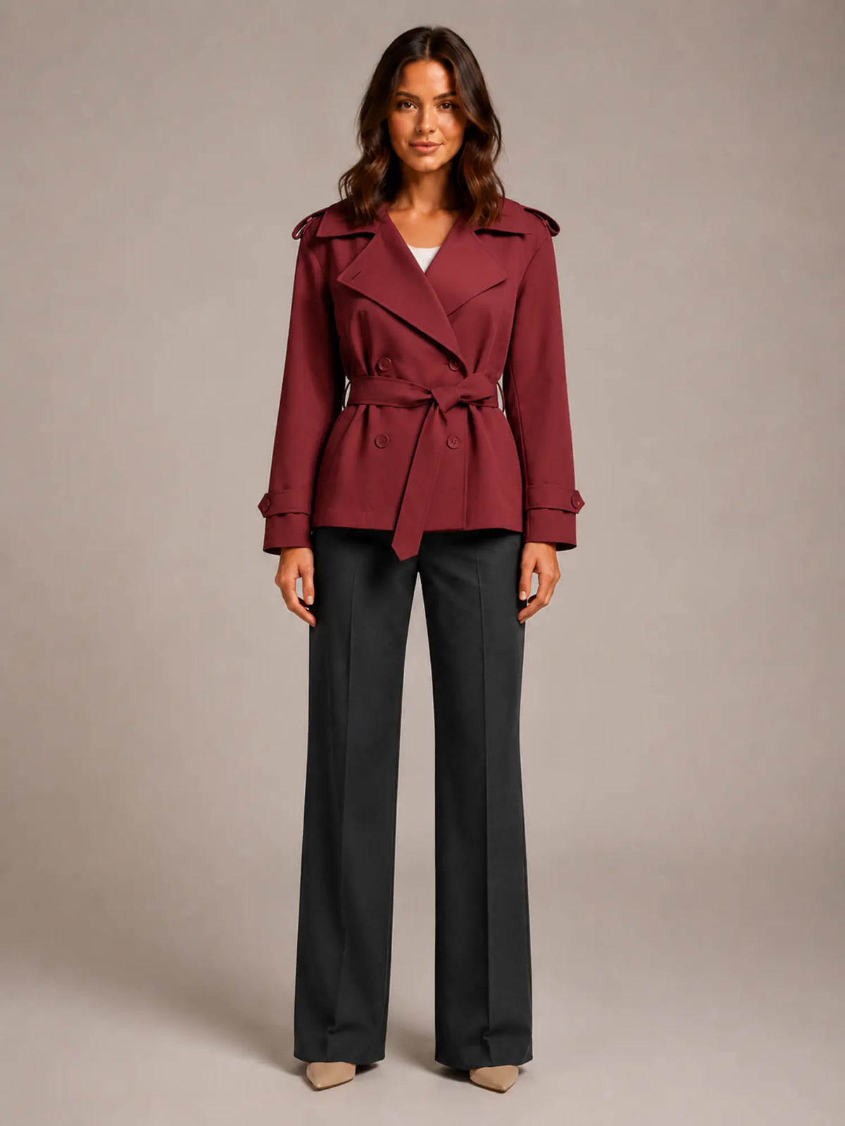 Women's Cropped Trench Coat – Oversized Tie-Belt Style in Red – Main view