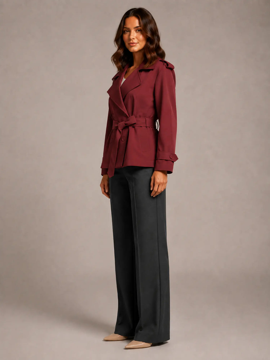 Women's Cropped Trench Coat – Oversized Tie-Belt Style in Red – Side view