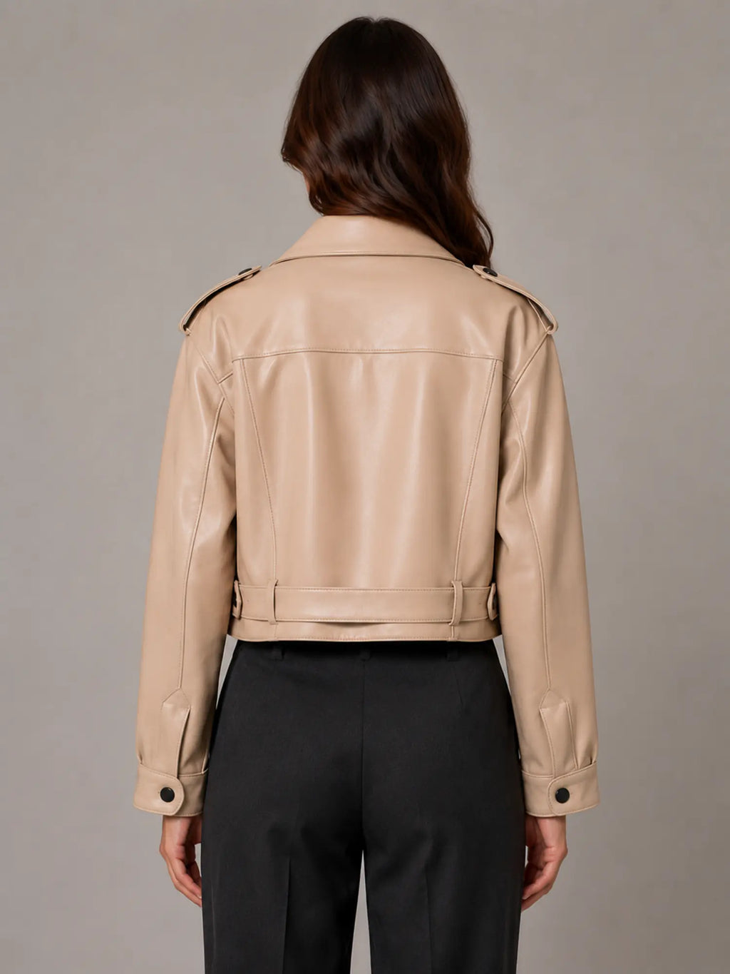 Women's Cropped Leather Trench Jacket – Belted Style in Beige – Back view
