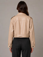 Women's Cropped Leather Trench Jacket – Belted Style in Beige – Back view